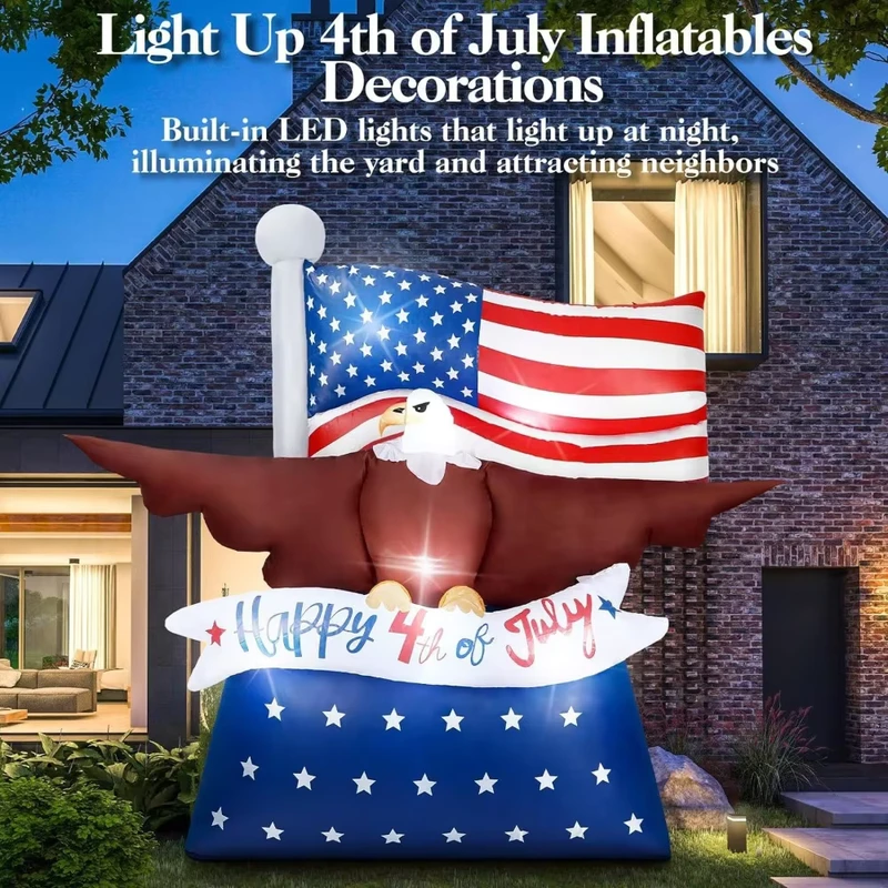 Drapeau Gonflable Rayé pour le Jour de l'Indépendance des États-Unis et Aigle Pêcheur Gonflable Décorations Extérieures LED