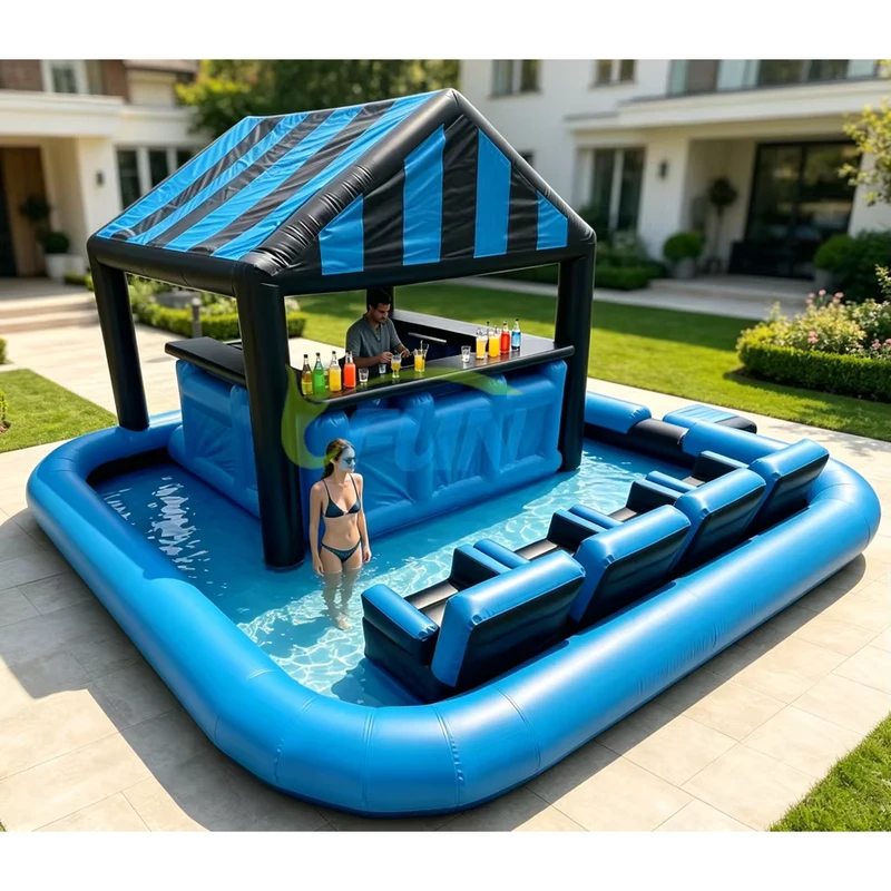 Bar flottant de piscine gonflable pour plusieurs personnes, îlot de détente aquatique, ensemble de bar de piscine commercial avec auvent pour fête