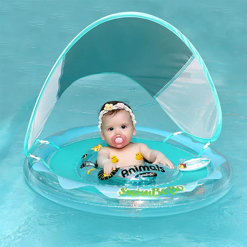 Aufblasbare Schwimmring Baby Tier Kinder Runde Schwimmhilfen Sommer Grüne Schwimmspielzeuge Schwimmplatz mit Sonnendach