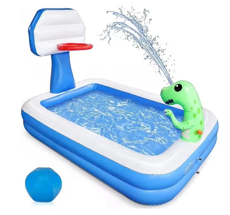 Inflatable Swimming Pool for Kids with Basketball Hoop and Dinosaur Sprinkler