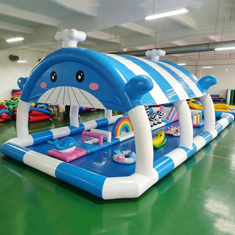Kombinasi Kursus Rintangan Kolam Air Tenda Inflatable untuk Anak-anak, Pelindung Matahari, Peralatan Taman Air