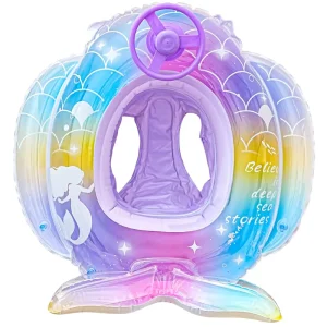 Inflatable Thickened PVC Rainbow Sequins Dreamy Mermaid Swim Ring for Baby Waterplay with Tail Seat
