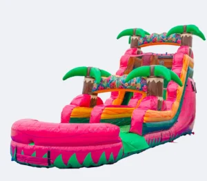 Inflatable Vibrant Pink Tropical Inflatable Water Slide Dual Lane Palm Tree Wet Dry Slide for Kids Carnival Pool Party