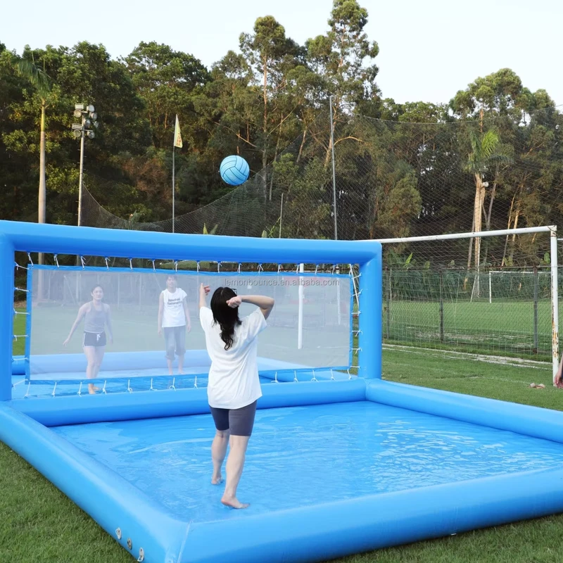 Terrain de volley-ball gonflable bleu, systèmes de filet de volley-ball de plage, ensemble de terrain de volley-ball de 33 pieds pour fête de carnaval