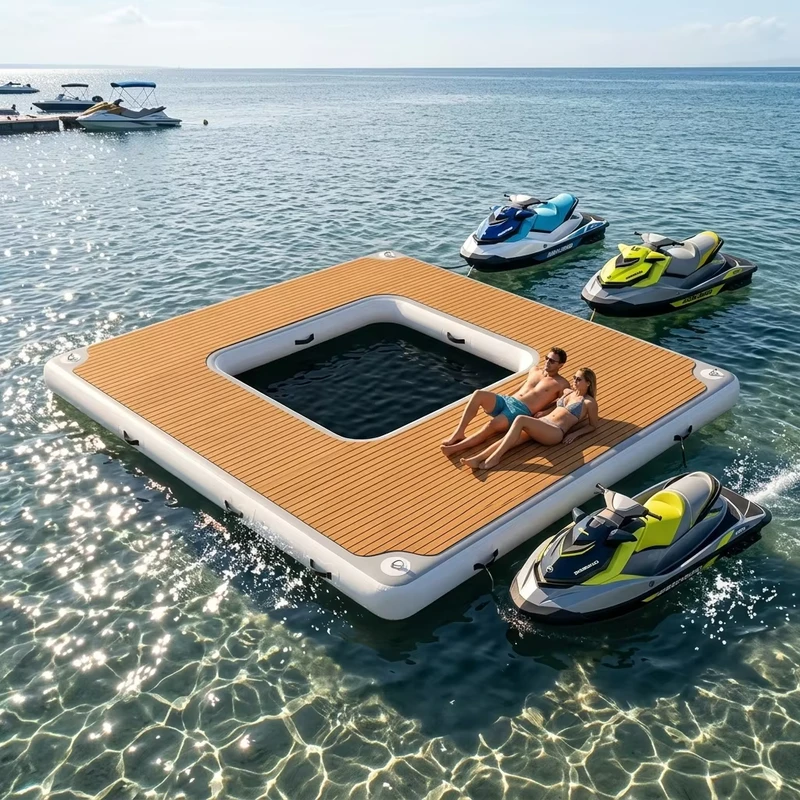 Plataforma de Dock Flutuante Inflável em Aço Inoxidável com Escada Superfície de Teak EVA 0.9mm Espessura Garantia de 2 Anos Iate Mar