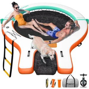 Inflatable Water Hammock Floating Dock with Dog Ramp Cup Holders Round Sun Chill Tanning Pool Lounger Platform for Lake Adults