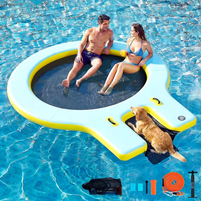 Hamac flottant gonflable pour lac, dock flottant rond avec rampe pour chien, anneau de hamac, piscine de bronzage
