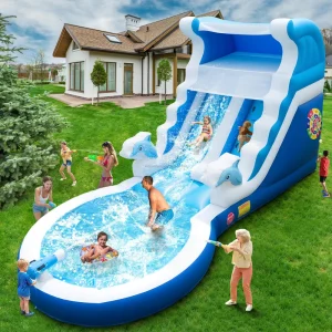 Cầu trượt nước bơm hơi, nhà nhảy nước thương mại, PVC, khô ướt cho tiệc sinh nhật ngoài trời, cho thuê 7*4m