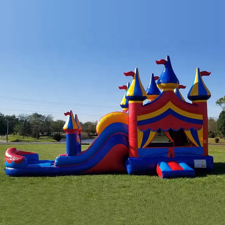 Castelo Inflável de Salto Seco e Molhado com Escorrega para Crianças, Inflável de Dupla Via para Escorregar e Saltar para Adultos