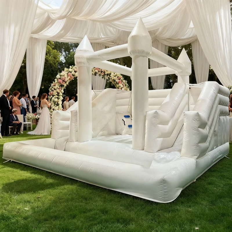 Inflatable White Wedding Bouncy Castle Slide PVC Material 3-Year Warranty >400KG