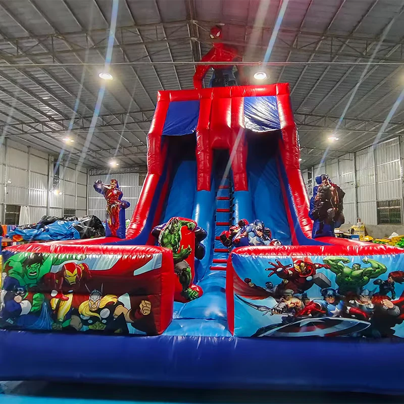 子供用商業用スパイダーマンダブルスライドインフレータブル、巨大インフレータブルドライスライド（ブロワー付き）