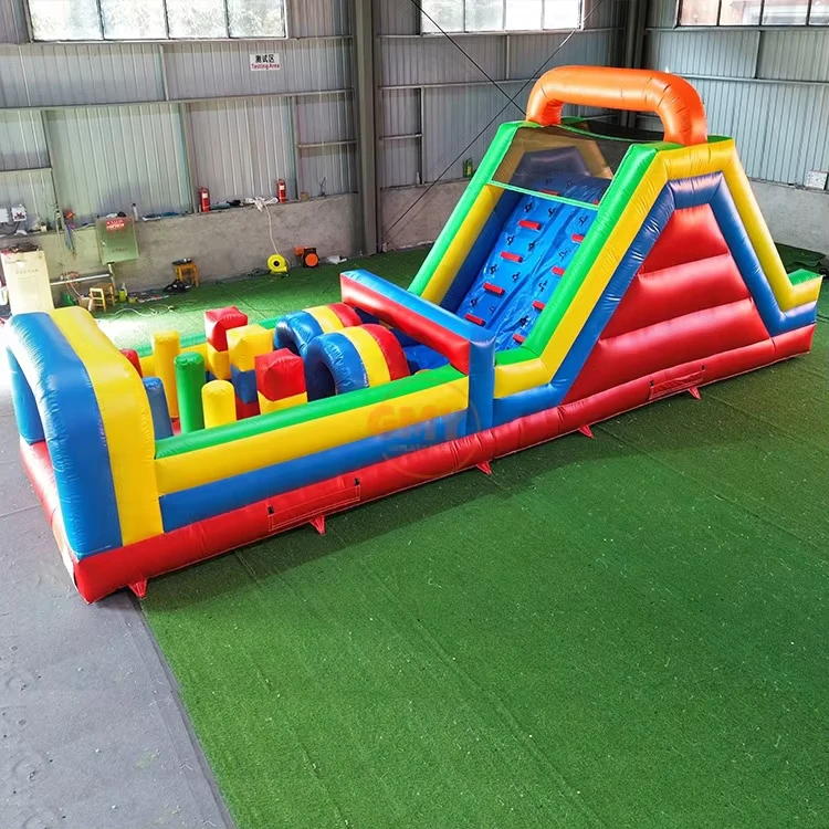 Área de Jogo Inflável em Vermelho e Azul - Curso de Obstáculos Inflável com Escorrega, Parque Infantil para Crianças e Adultos
