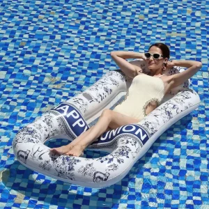 Ink Wash Green Pattern Recliner with Backrest Inflatable Water Floating Mat Single Water Lounge Chair