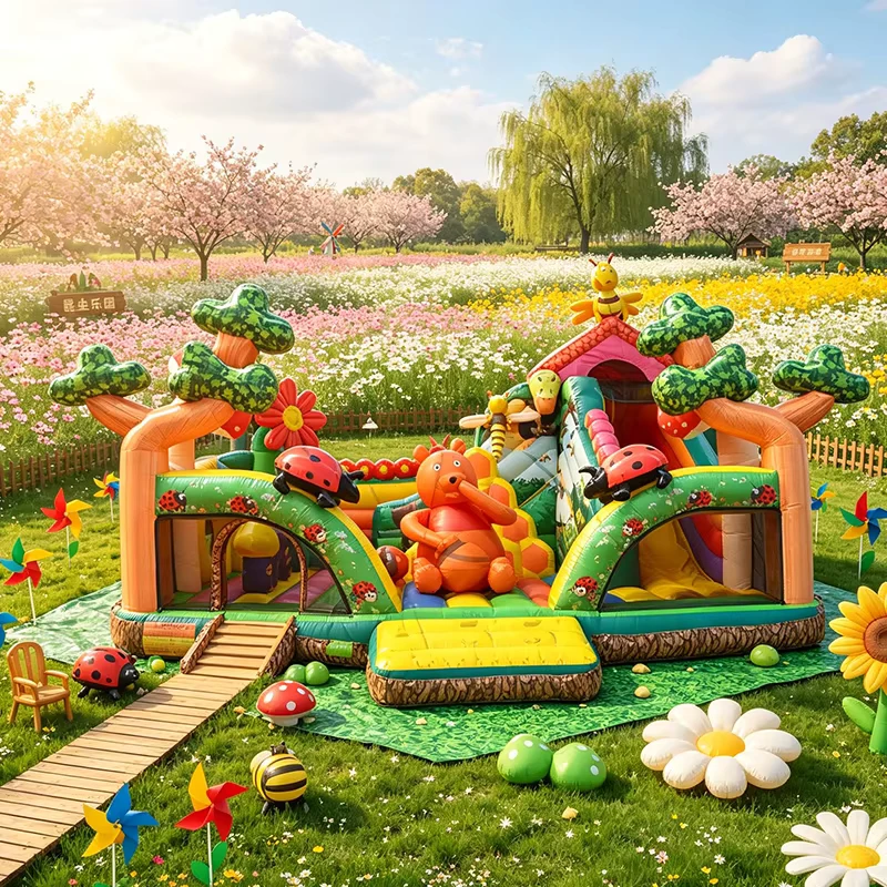 Kastil Bouncy Taman Serangga Mengembang Kombinasi Tempat Bermain Kastil Lompat dengan Seluncuran Basah dan Kering untuk Perayaan Ulang Tahun