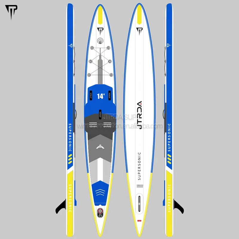 JTRDA SUPERSONIC prancha de SUP inflável de alta densidade, estreita, 14 pés, com almofada EVA na cauda, pressão de 15-18PSI