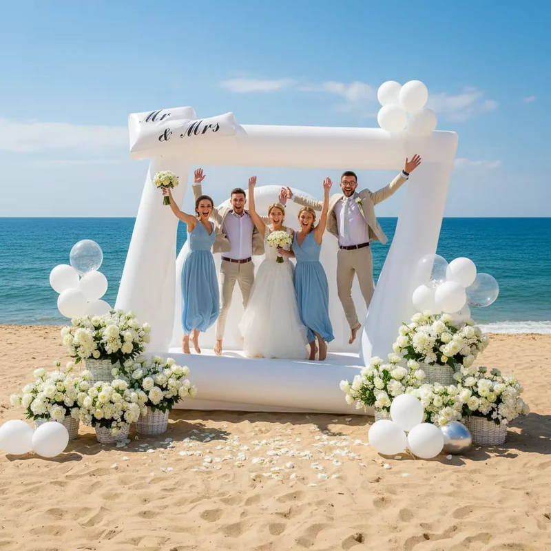 Jumping Bouncer White Jumping Bed with Photo Frame Inflatable Photo Booth for Wedding