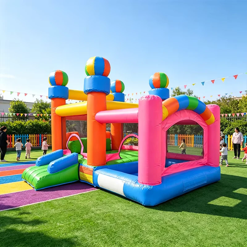 Kastil Bouncy Inflatable Pelangi untuk Anak dengan Seluncuran dan Kolam Bola