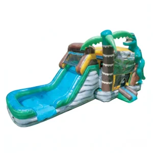 Jurassic Dinosaur Inflatable Bounce Water Slide Combo Jumping Castle Kids Prehistoric Adventure Green Blue Eco Friendly PVC