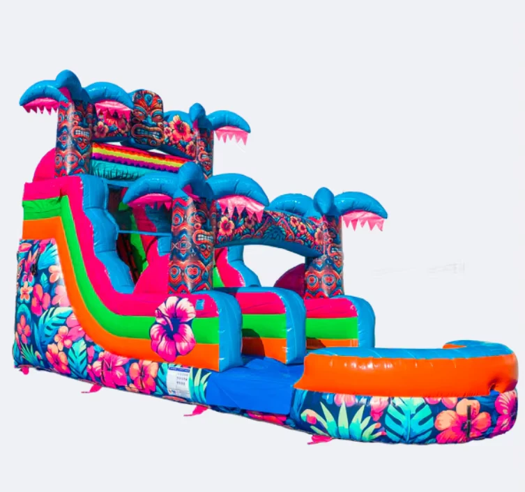 Kids Aloha Splash Hawaiian Hibiscus Doppelbahn-Rutsche Tiki aufblasbare umweltfreundliche anpassbare Größe Wasserrutsche Pool