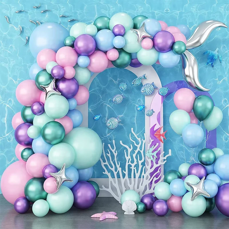 Décoration de fête d'anniversaire pour enfants, kit de guirlande de ballon en queue de sirène en aluminium et ballon en latex violet