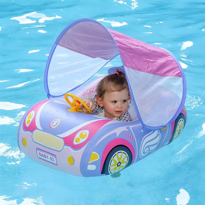 Assento de Natação Inflável para Crianças em Forma de Carro, Brinquedo Flutuante para Crianças com Toldo