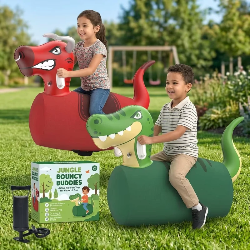 Kinder Aufblasbarer Dinosaurier Bull Bouncy Hopper 2 Stück mit Pumpe Rittspielzeug für Innen und Außen Geschenk für Jungen ab 5 Jahren