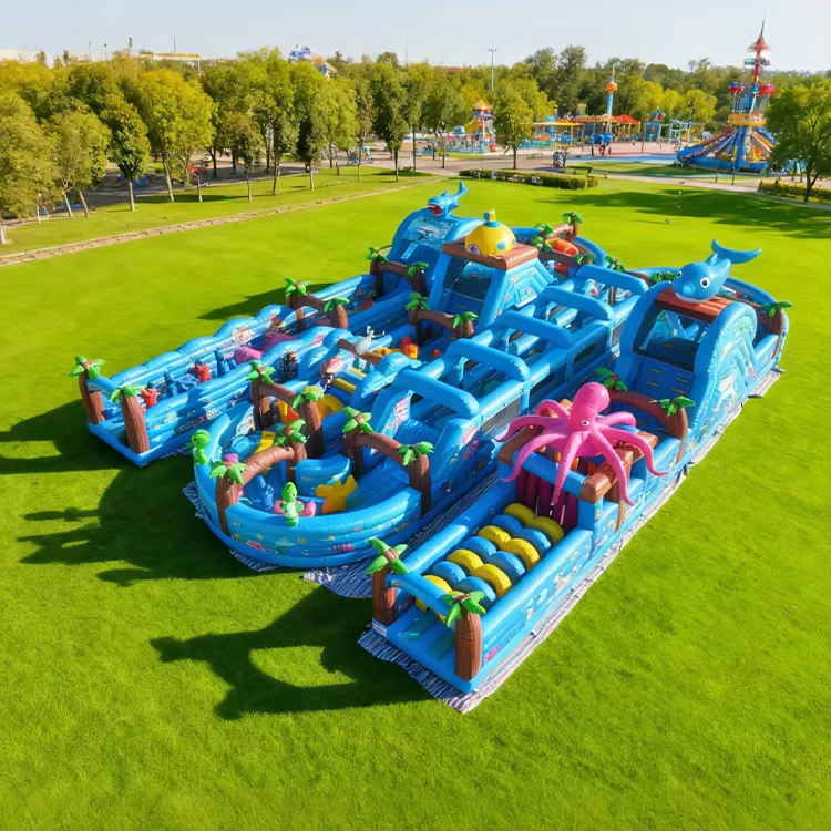 Kids Inflatable Playground Commercial Inflatable Outdoor Theme Park Blue Bouncy Castles Obstacle Course