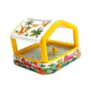 Kids Inflatable Swimming Pool with Sun Shade Canopy Dinosaur Theme PVC Baby Play Pool Outdoor Backyard Water Pool