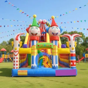 Kids Party Double lane Bounce House Combo Colorful Clown Theme Inflatable Slides for Indoor Outdoor Carnival Events