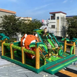 Bouncer Inflatable Tema Harimau untuk Anak-anak, Taman Jungle Outdoor, Bouncehouse Inflatable, Seluncuran Kering untuk Indoor