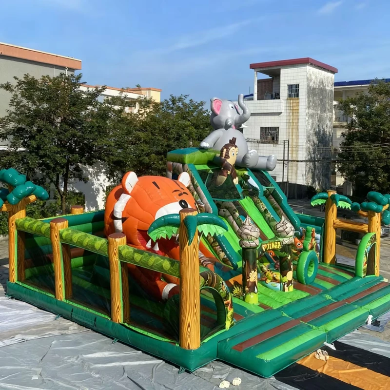 Bouncer Inflatable Tema Harimau untuk Anak-anak, Taman Jungle Outdoor, Bouncehouse Inflatable, Seluncuran Kering untuk Indoor