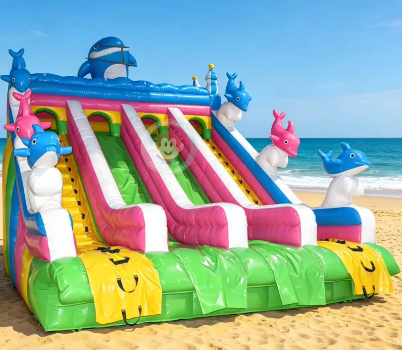 子供用夏のイルカインフレータブルスライド 商業用バウンシングスライド 水遊び