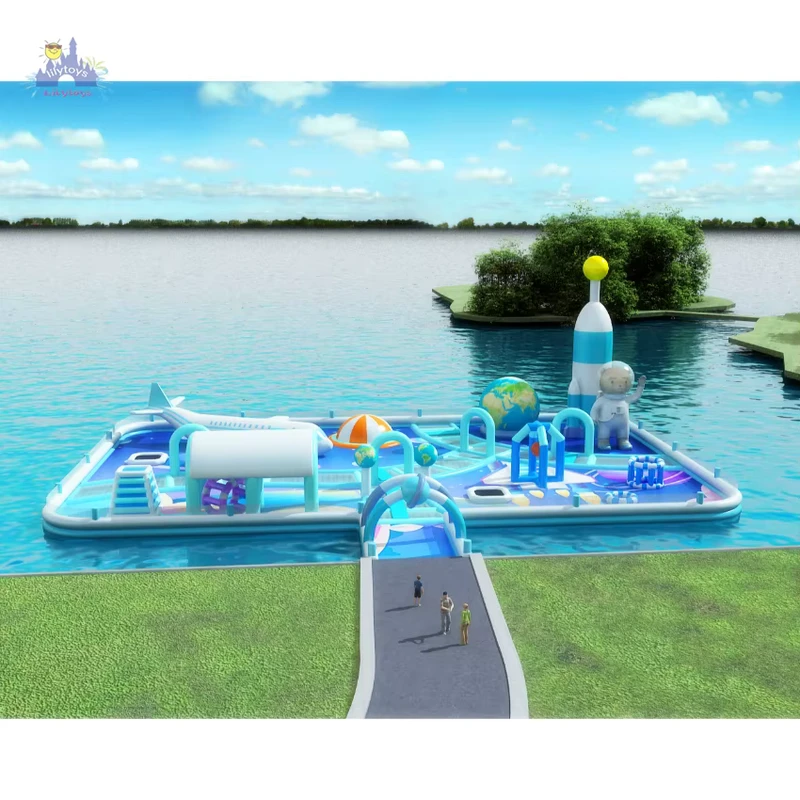 Lake Floating Inflatable Water Park with Obstacle Games and Slides for All Ages