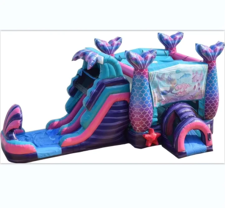 Large 13×20 ft Commercial 0.55mm PVC Pink Mermaid Weather Resistant Waterproof Combo Bounce House Inflatable Jumping Castle