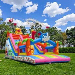 Large Cartoon Shaped Inflatable Park Bouncy Castle Climbing Wall Slide Track Tape Blower