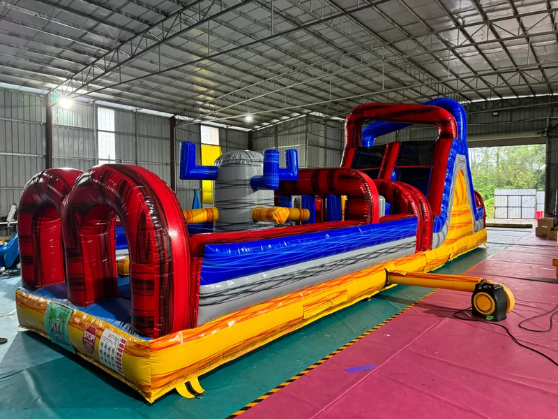 Large Inflatable PVC Marble Color Gauntlet Obstacle Course With Slide Water Pool Combo
