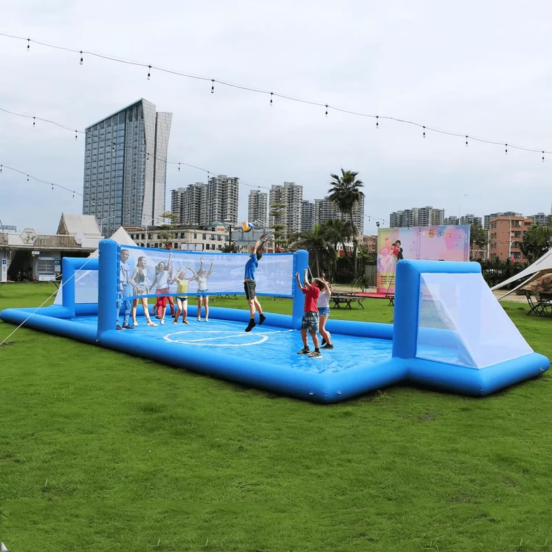Campo da pallavolo e calcio gonfiabile 2 in 1, gioco d'acqua gonfiabile con strutture ricreative