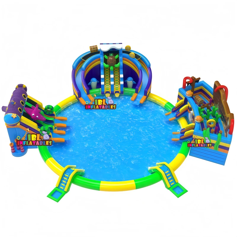 Große Outdoor-Themenpark-Wasserspiele Kommerzieller Aufblasbarer Wasserpark Erwachsener Aufblasbare Wasserrutsche mit großem Pool für Kinder