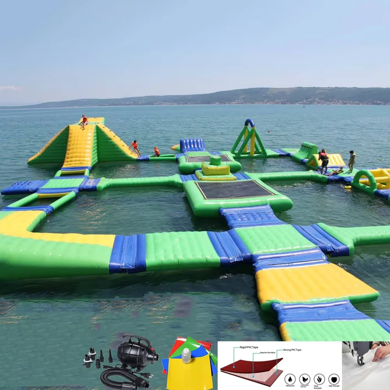 Large Water Park Swimming Pool Inflatable Obstacle Course Water Slide PVC Material >500kg Capacity 0.9mm Thick Easy