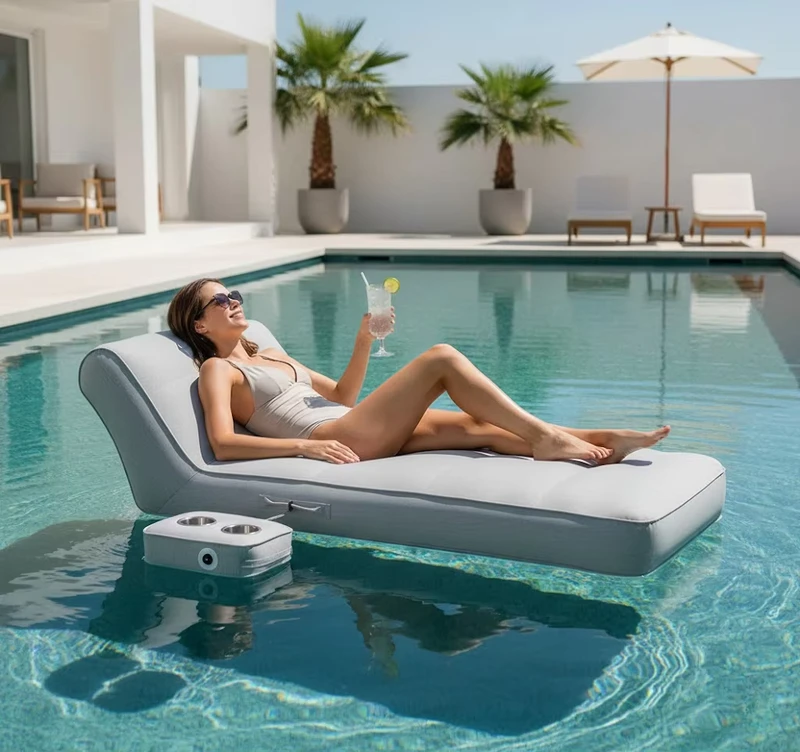Cadeira Flutuante Inflável Lazy Pool com Porta-Copos, Cadeira Flutuante ao Sol para Praia, Lago, Camping