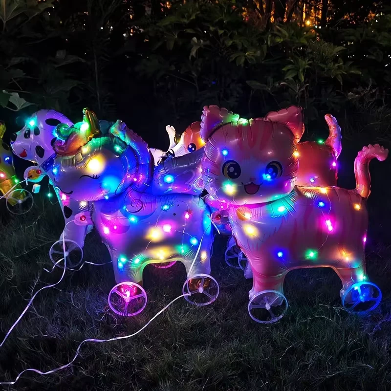Led Glanzend Opblaasbaar Wandelend Dier Folie Ballonnen met Wielen Huisdier Ballonnen voor Buiten Park Verjaardagsfeest Decoraties