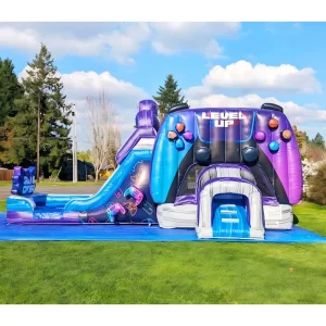 Level up Slide Video Gamer Themed Combo Bounce House Water Slide Pool Game Controller Inflatable Bouncy Castle Jumper Moonwalk