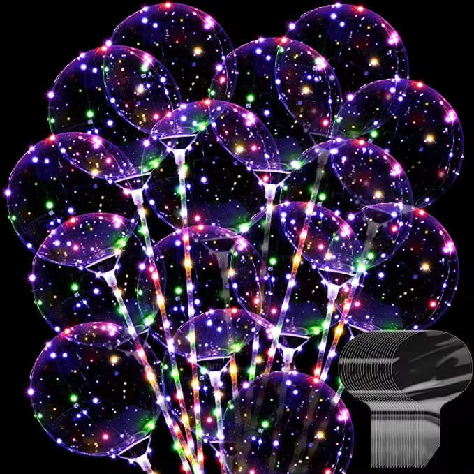 Luminous LED Bobo Bubble Light Transparent Clear Balloons with Confetti Inside for Halloween with Sticks