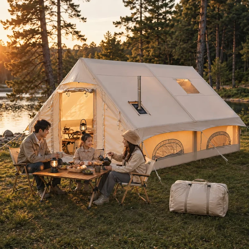 Tente gonflable de luxe de 12 m², 2 chambres, 1 salon, imperméable, Oxford 300D, maison de glamping, sortie pour cheminée, 10 personnes
