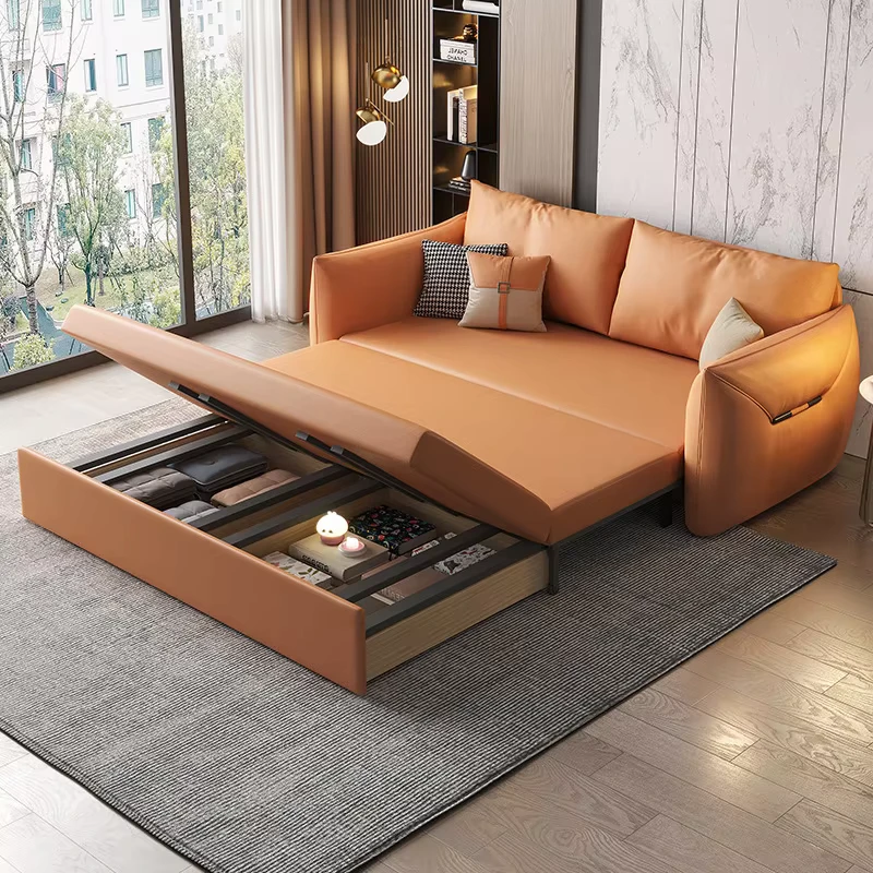 Luxe Italiaanse Leren Sofa Bed Omklapbare Vouwbank Opslag Echte Leer Woonkamer Opblaasbaar Metaal Frame