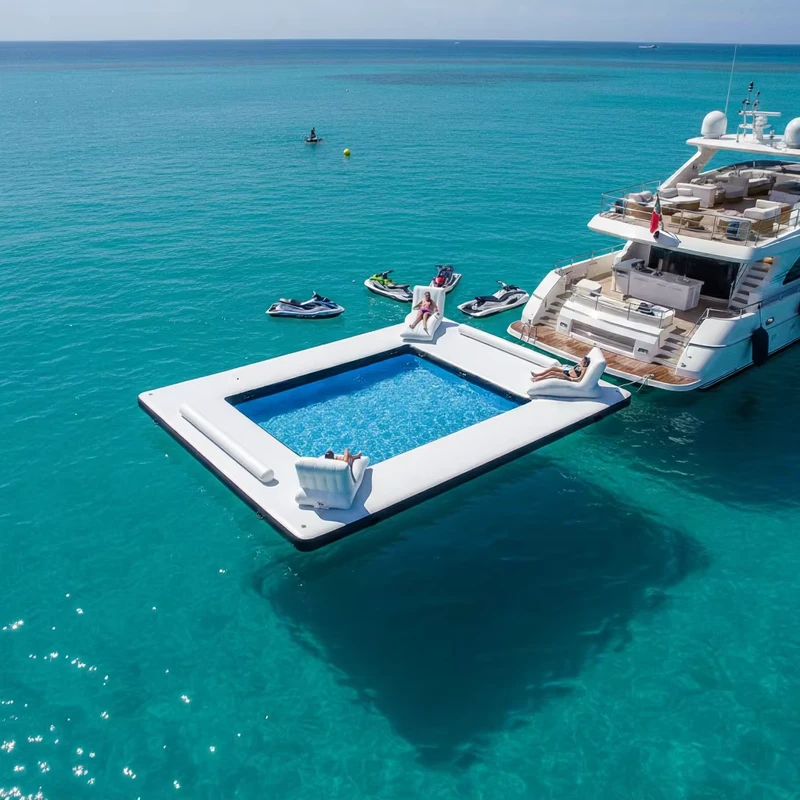 Yacht Mewah Kolam Renang Inflatable untuk Berjemur dengan Sofa, Platform Santai Air yang Mudah Dipasang
