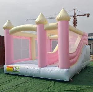 Château gonflable combo intérieur extérieur, couleurs macaron, trampoline, toboggan, souffleur, PVC 5m x 4m x 3m