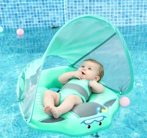 Mambobaby Anel de Natação Inflável para Crianças em TPE com Sombrinha, Design Flutuante para Axilas e Pescoço, Seguro e Impermeável