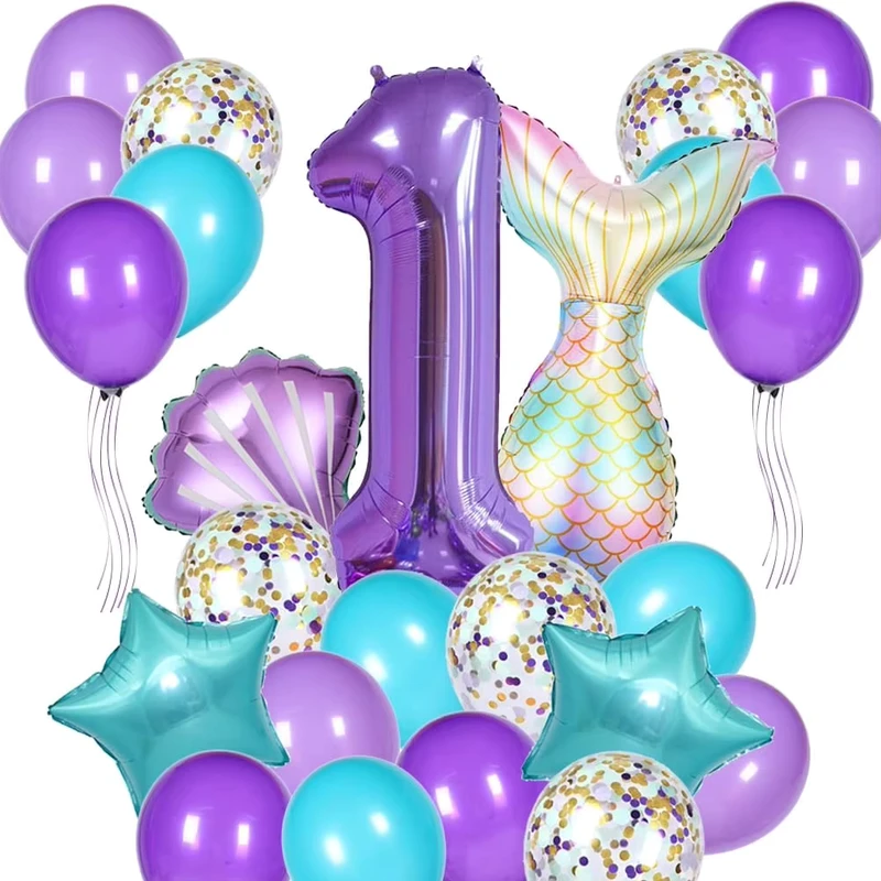 Set Dekorasi Ulang Tahun Putri Duyung dengan Balon Latex Ekor Duyung Cangkang Bintang dan Balon Foil Angka untuk Ulang Tahun