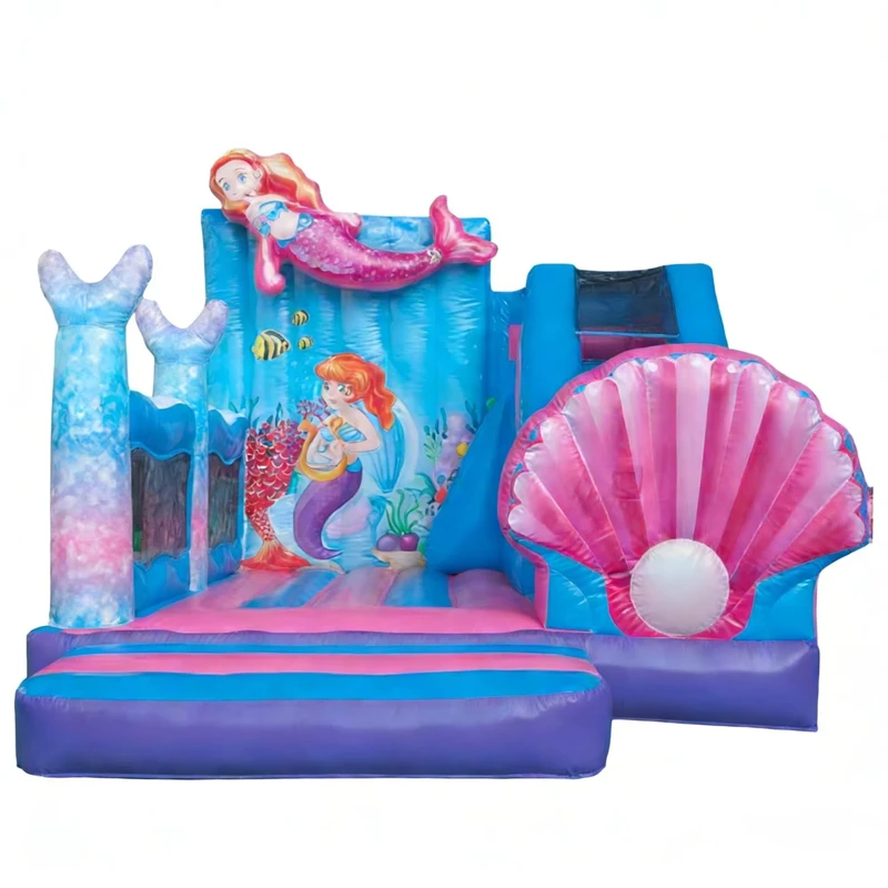 Castelo Inflável Temático do Mar para Crianças com Escorrega e Combo de Bouncing 3D Azul e Rosa, PVC de Grau Comercial